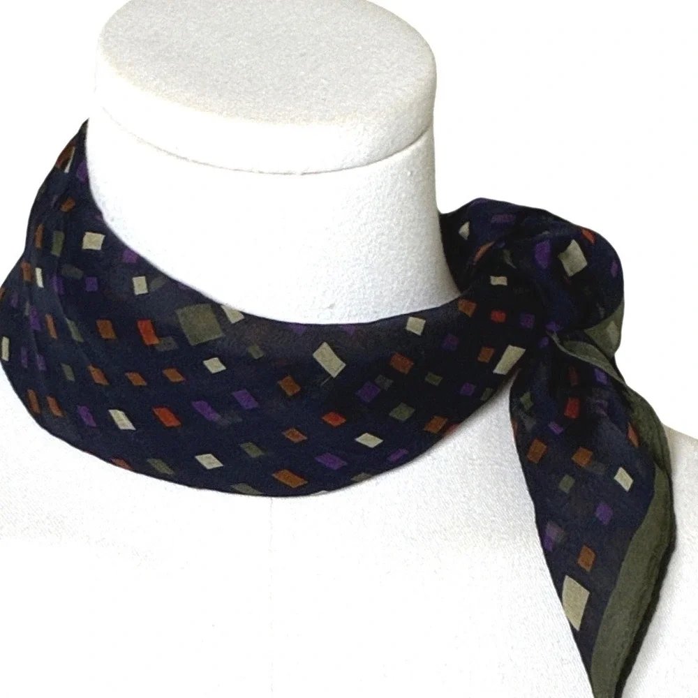Talbots Silk Square Scarf Geometric Mosaic Print Navy Sheer Made Japan OS